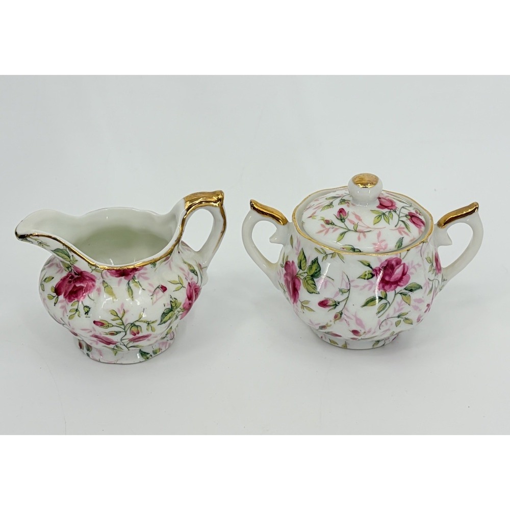 Lefton Mini Sugar and Creamer Set Hand-Painted Rose Chintz Porcelain